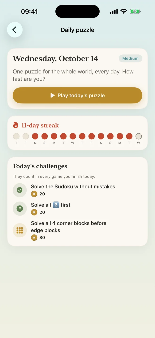 The daily puzzle with streak and today's challenges
